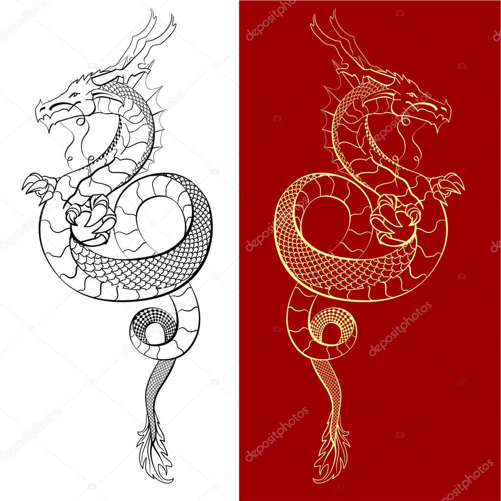 golden dragon on red paper, black dragon on white background