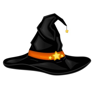 Cadılar Bayramı geleneksel dekoru, siyah cadı keçeli şapka ve beyaz arka planda yıldız süslemesi