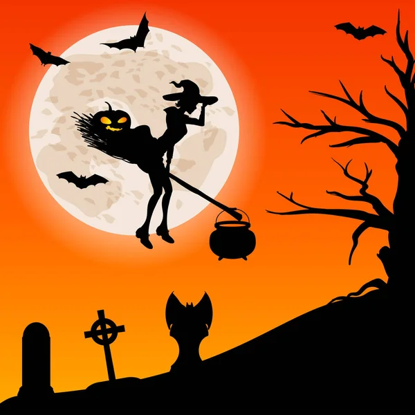 Kartka Halloween Zdjęciem Czarownicy Latającej Miotle Tle Księżyca Wampirami Zabawną Wektor Stockowy