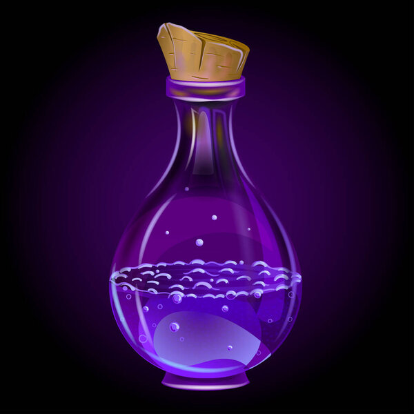 Alchemy potion or magic potion, possibly poisonous potion in glass bottle on purple background