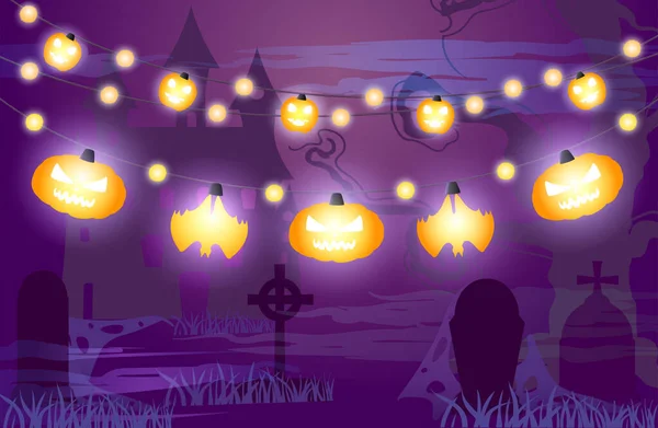 Tło Starym Cmentarzem Zamkiem Mgłą Nagrobkami Oświetlonymi Wieńcami Nietoperzy Halloween Ilustracja Stockowa