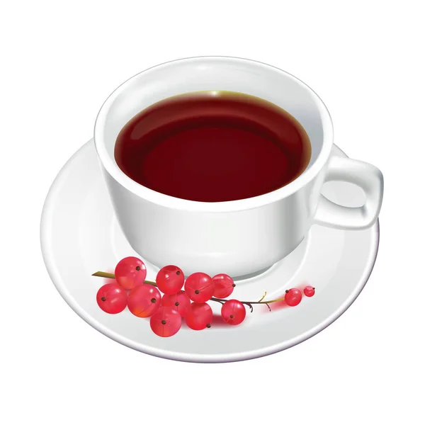 Biała Filiżanka Czarną Herbatą Spodku Czerwonymi Porzeczkami Grafika Wektorowa