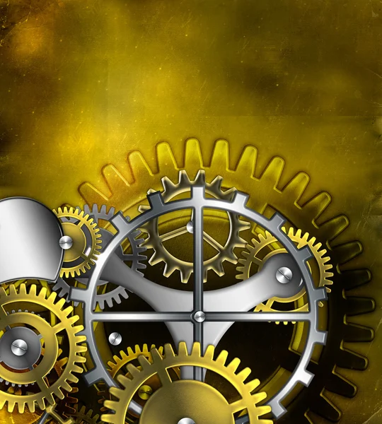 Steampunk old gear mechanism on the background of old vintage pa — Stock Photo, Image