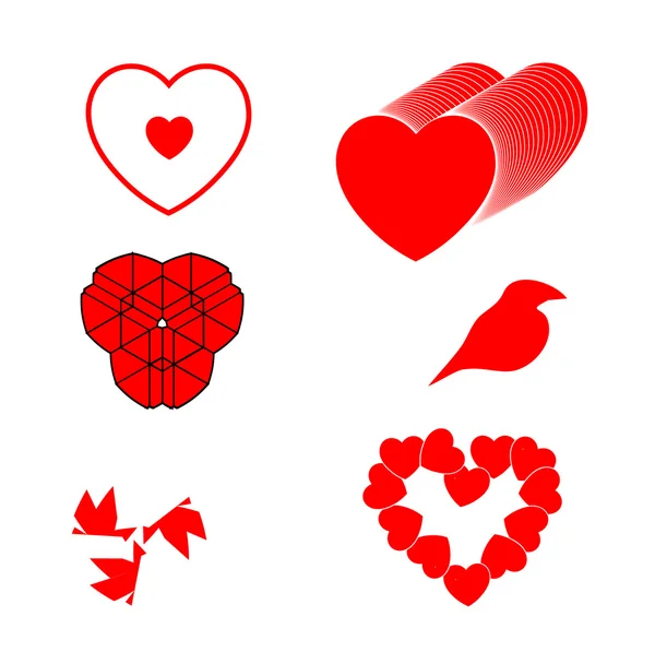 Nastavit různé červené srdce ptáků a symboly — Stockový vektor