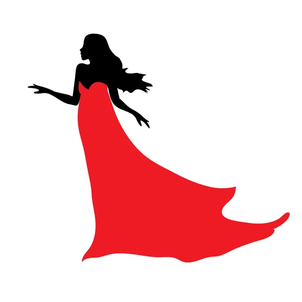 Schwarze Silhouette einer schönen Frau im roten Kleid — Stockvektor