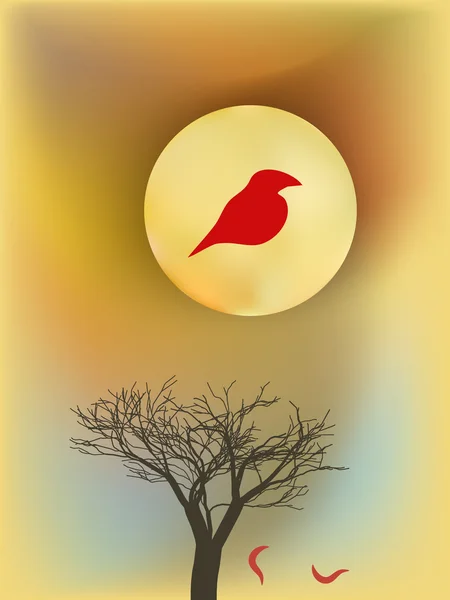 Red bloody bird on a tree on brown sunset — Stock Vector