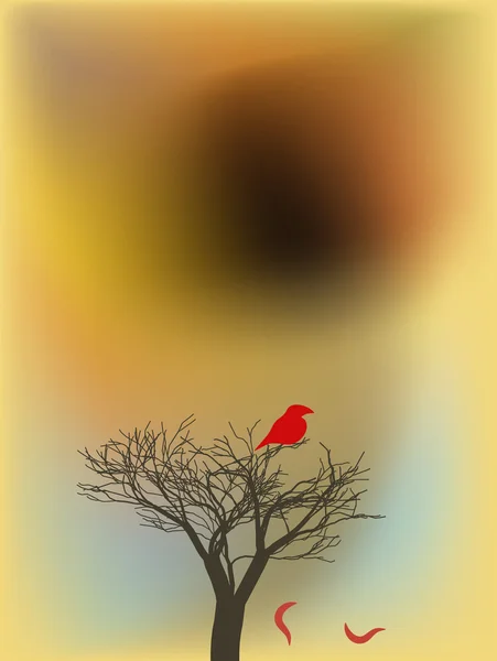 Oiseau rouge ensanglanté sur un arbre au coucher du soleil brun — Image vectorielle