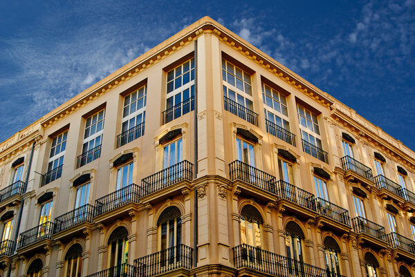 Historic buildings with lace fronts of city Valencia Spain. architectural details