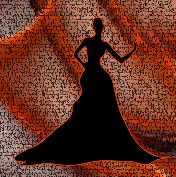 Elegante silueta negra de mujer sobre fondo rojo — Vector de stock