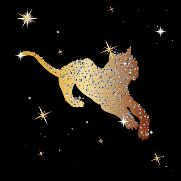 Fondo de Navidad con un tigre y diamantes preciosos y estrellas sobre un fondo negro. Año chino del tigre. — Vector de stock