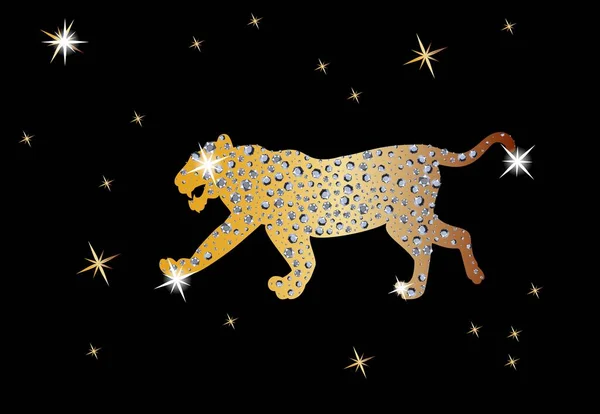 Fondo de Navidad con un tigre y diamantes preciosos y estrellas sobre un fondo negro. Año chino del tigre. — Vector de stock