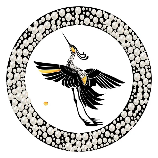Казковий великий птах із золотим пір'ям, прикрашений ювелірними виробами та перлами . — стоковий вектор
