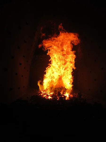 Fire in the boiler furnace retort, — Stock Photo, Image