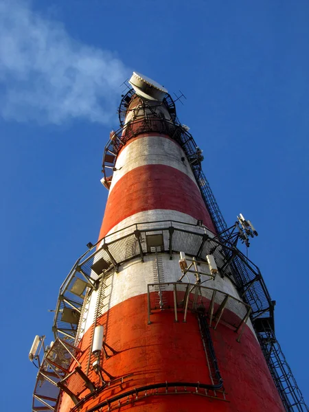 High red-white concrete industrial chimney — Stock Photo, Image