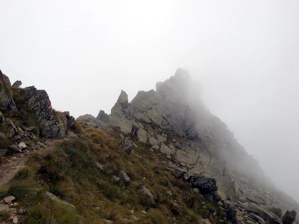 Paesaggio montano con cime tra le nuvole basse, il Brenta Dolo — Foto Stock