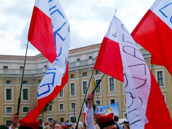 ROMA, VATICANO - 28 aprile 2014: la gioia dei pellegrini polacchi a Santa — Foto Stock