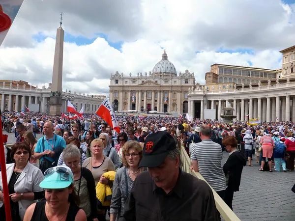 ROMA, VATICANO - 28 de abril de 2014: la alegría de los peregrinos polacos a St. —  Fotos de Stock