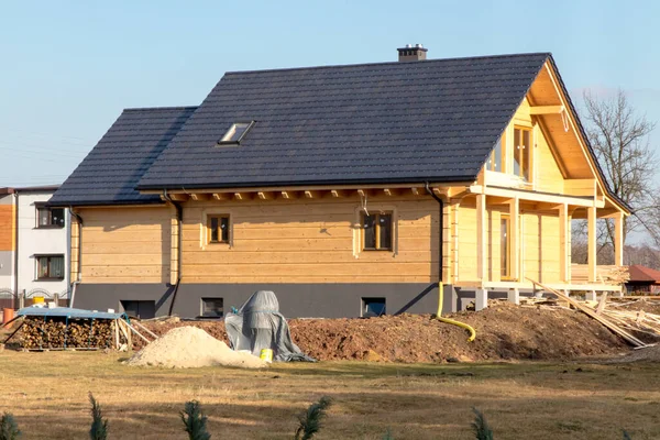 Construir Una Casa Con Troncos Madera Ver Casa Desde Exterior — Foto de Stock