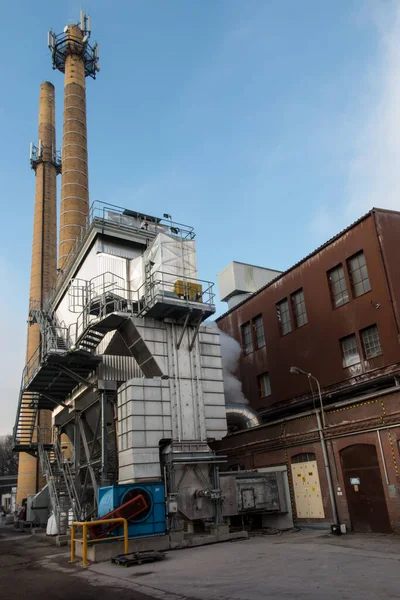 Two Industrial Chimneys Yellow Brick — Stock Photo, Image