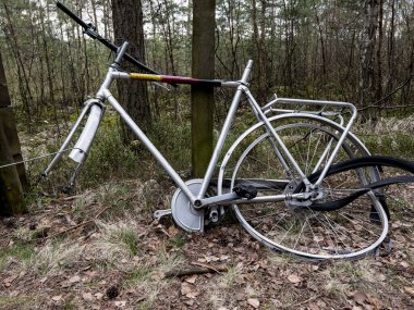 Tamamlanmamış, eski bir bisiklet bisiklet yolu kenarında ormanda kalmış.