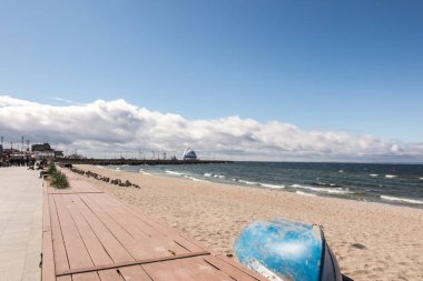 Part of the beach on Hel in Poland from the shallow Puck Bay, visible coastal infrastructure.