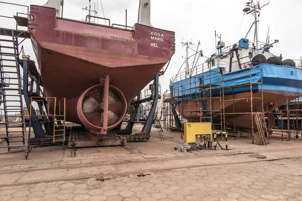 Wladyslawowo, Poland, May 10, 2022:   The hull and propeller of a fishing boat during renovation in the port of Wladyslawowo in Poland.