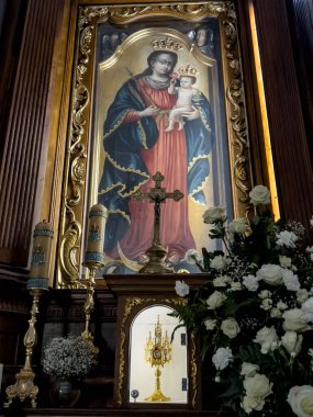 Wejherowo, Poland, May 14, 2022:Franciscan Monastery of the Reformers in Wejherowo, Poland. Interior view. The altar with the image of Our Lady of Wejherowo.