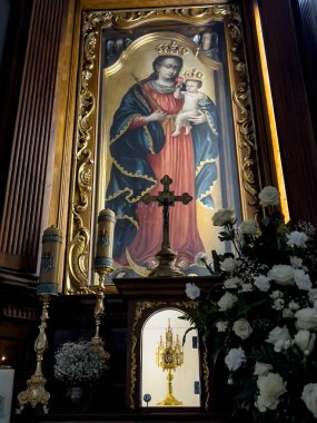 Wejherowo, Poland, May 14, 2022:Franciscan Monastery of the Reformers in Wejherowo, Poland. Interior view. The altar with the image of Our Lady of Wejherowo.