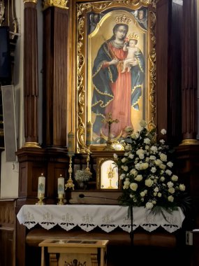 Wejherowo, Poland, May 14, 2022:Franciscan Monastery of the Reformers in Wejherowo, Poland. Interior view. The altar with the image of Our Lady of Wejherowo.