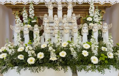 Kalety, Miotek, Poland, May 17, 2022: Decoration in the church of St. Francis of Assisi in Kalety Miotek on the occasion of the celebration of the accession of children to the sacrament, to the First Holy Communion.