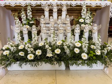 Kalety, Miotek, Poland, May 17, 2022: Decoration in the church of St. Francis of Assisi in Kalety Miotek on the occasion of the celebration of the accession of children to the sacrament, to the First Holy Communion.