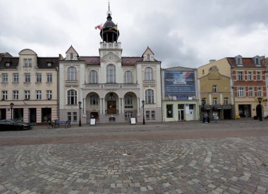 Wejherowo, Poland, May 14, 2022: Market square in the town of Wejherowo in Pomerania, Poland on a cloudy spring day