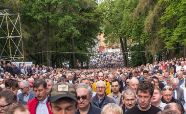 Piekary Sl, Poland, May 29, 2022: Pilgrimage of men and young people to the Sanctuary of Mary, Mother of Love and Social Justice in Piekary Slaskie