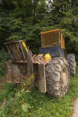Chain on the wheels of a skidder, i.e. a tractor for skidding wood in difficult mountain terrain and with earthen ground.