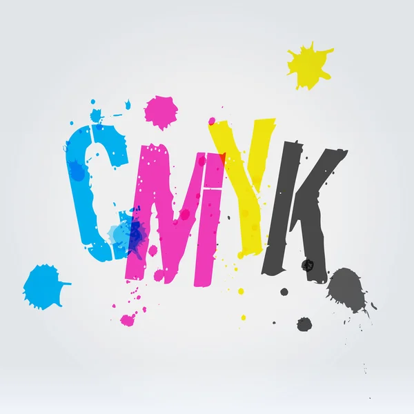 Letras CMYK en salpicaduras de pintura — Vector de stock