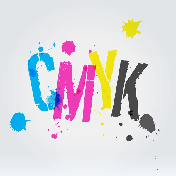 Cmyk Buchstaben in Farbspritzern — Stockvektor