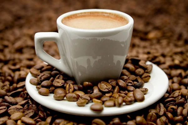 Espresso auf Kaffeebohnen — Stockfoto