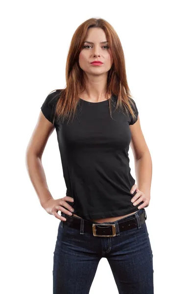 Sexy vrouw poseren met lege zwarte shirt — Stockfoto