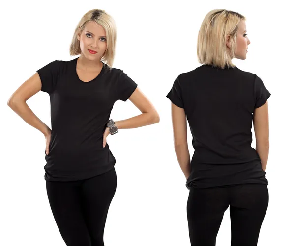 Blonde vrouw met lege zwarte shirt — Stockfoto