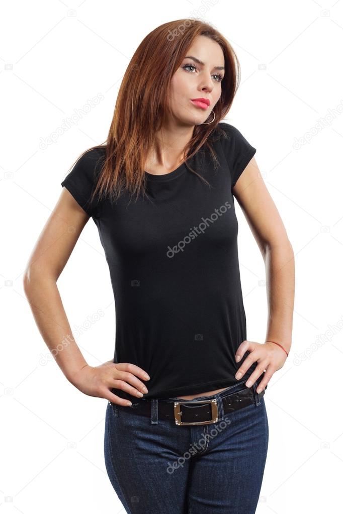 Sexy brunette wearing blank black shirt
