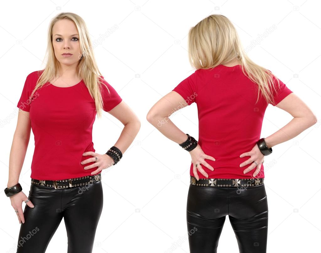 Blond woman posing with blank red shirt