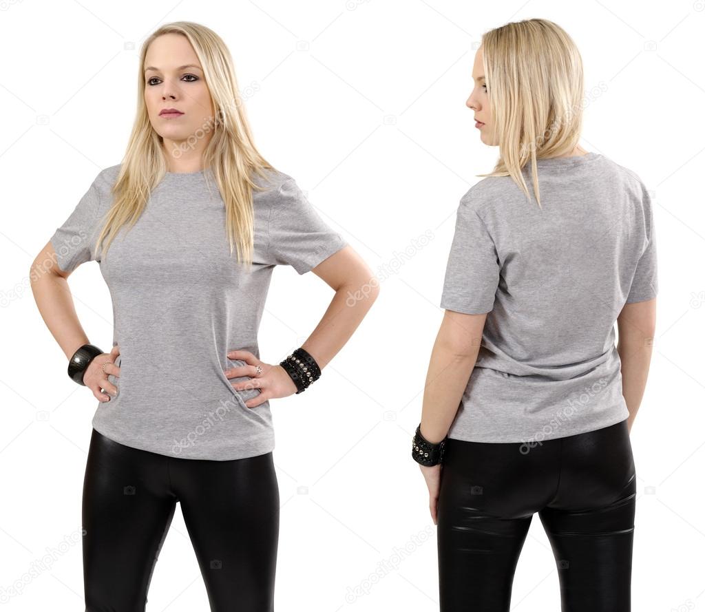 Blond woman posing with blank gray shirt