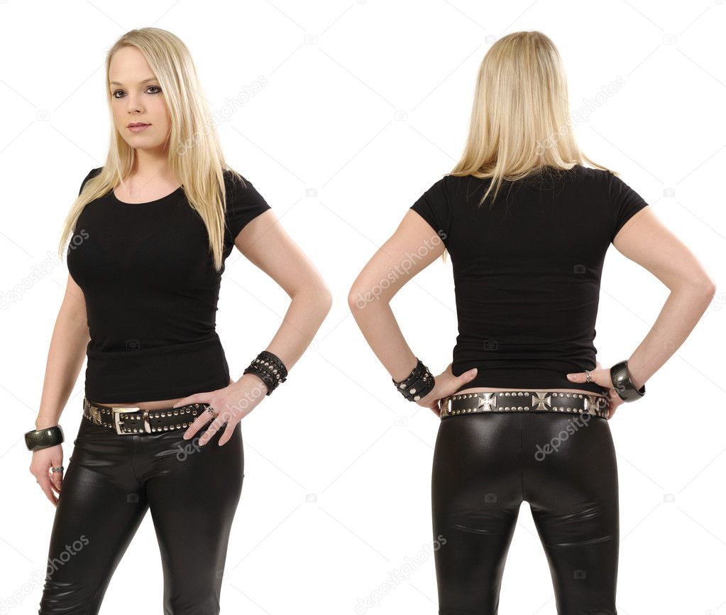 Blond woman posing with blank black shirt