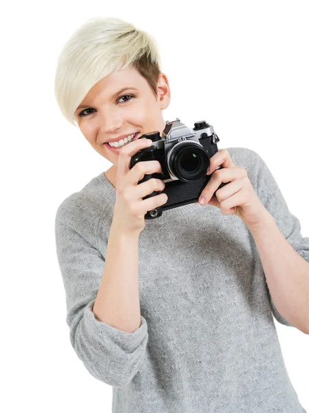 Schöne junge Fotografin — Stockfoto