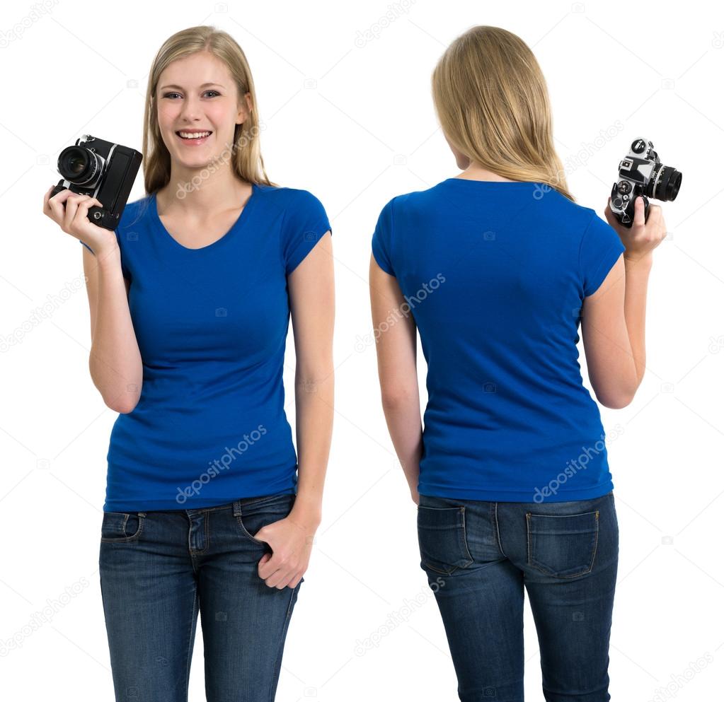 Female with blank blue shirt and camera
