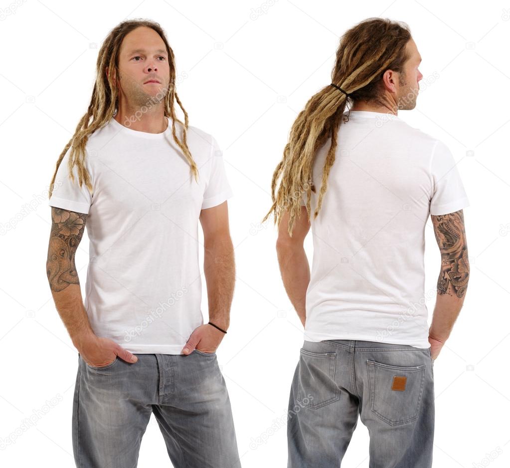 Male with blank white shirt and dreadlocks