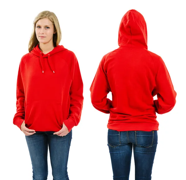 Vrouwelijke dragen lege Rode hoodie — Stockfoto