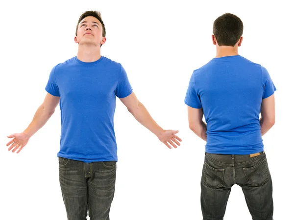 Male with blank blue shirt and outstretched arms — Stock Photo, Image
