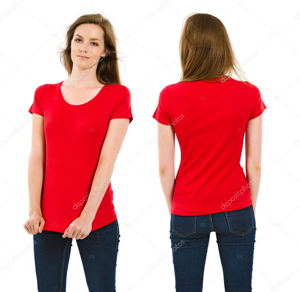 Young brunette woman with blank red shirt