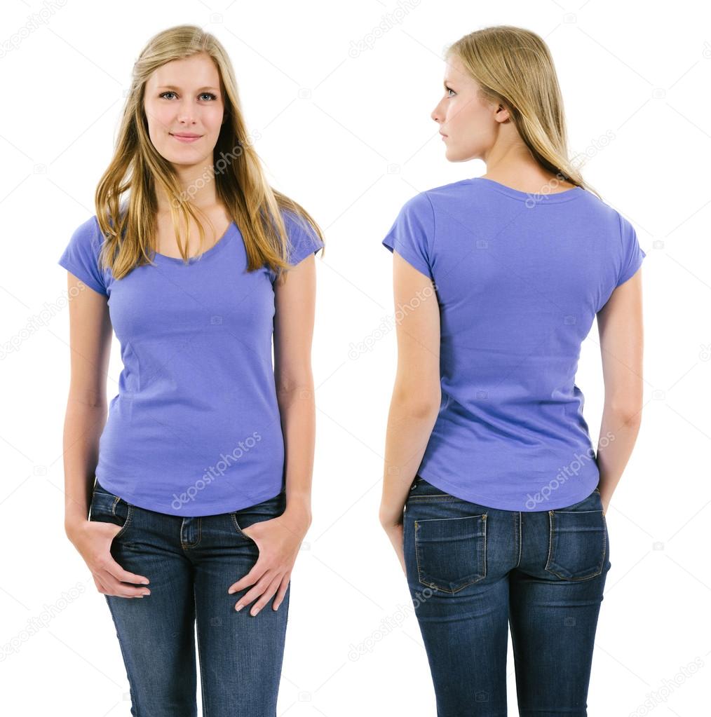 Blond woman with blank purple shirt